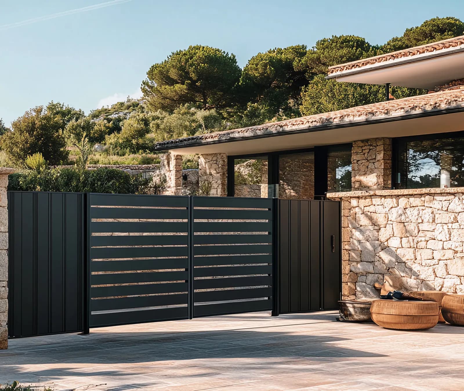 Portail battant en aluminium sombre à lames horizontales, encadré de piliers en pierre sèche, devant une villa provençale sous les pins