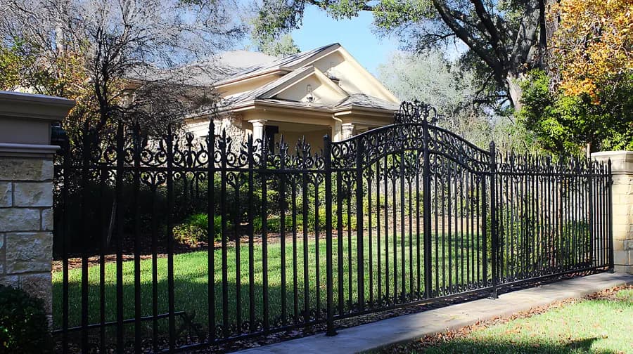 Portail en fer forgé noir orné de volutes et de pointes, entre deux piliers en pierre, devant une villa arborée