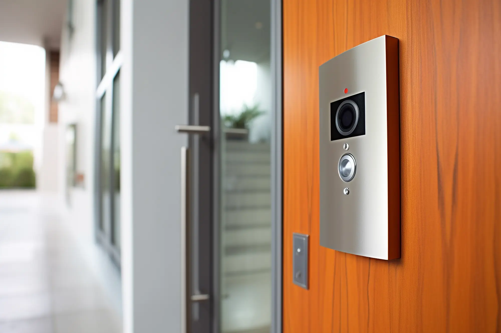 Platine de visiophone équipée d’une caméra, fixée au mur à l’entrée d’une maison contemporaine