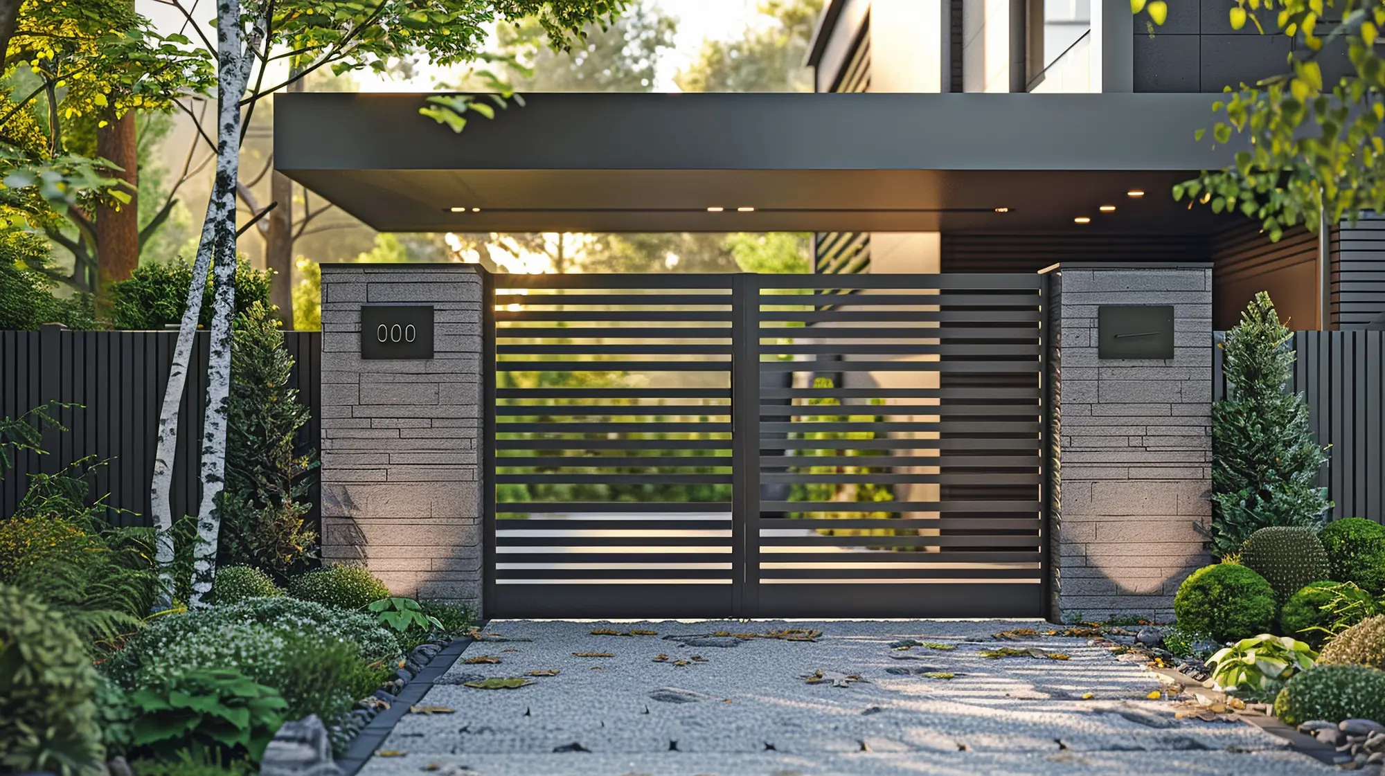Portail en aluminium gris anthracite à lames horizontales serrées, fermant l’entrée d’un jardin clos