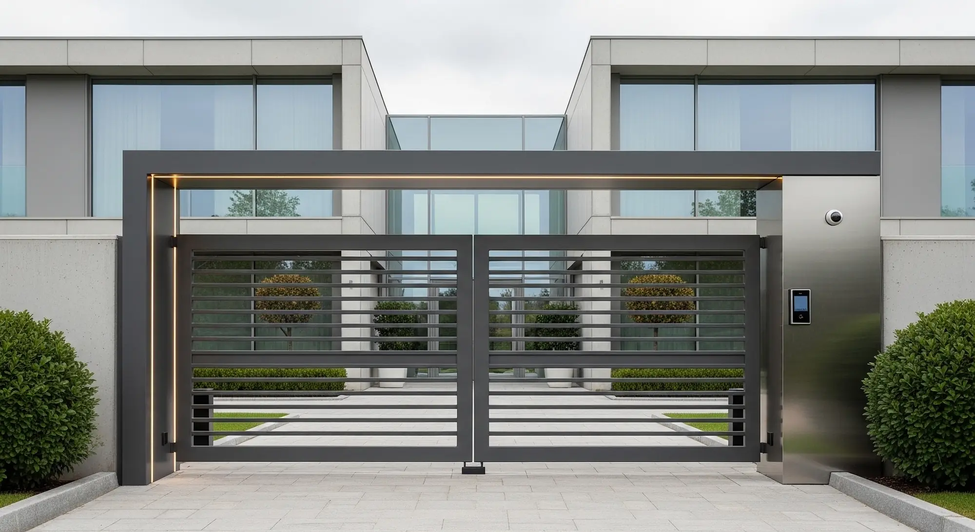Portail automatique contemporain à double vantail, à l’entrée d’une villa de standing bordée de végétation