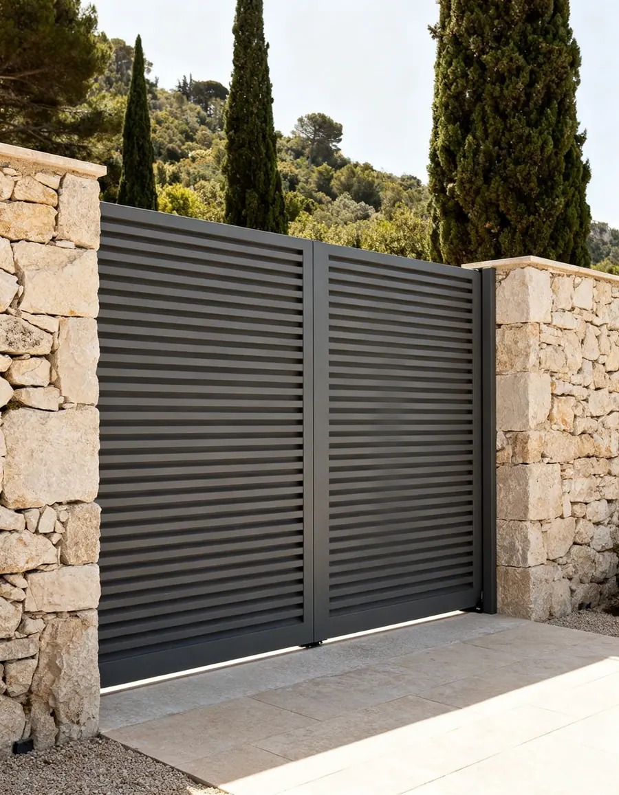 Portail battant en aluminium anthracite à lames horizontales, encadré de deux piliers en pierre sèche, devant une villa des hauteurs de Nice